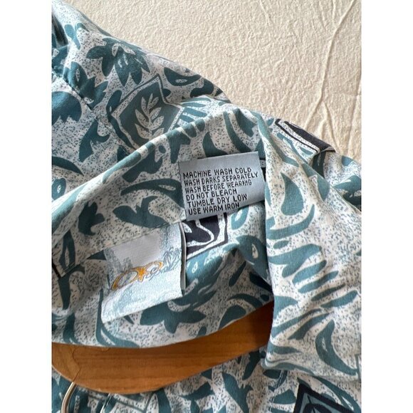 OP Sport Mens Size L Hawaiian Camp Shirt Blue Retro Print Cotton Blue Side Slits - Picture 10 of 10